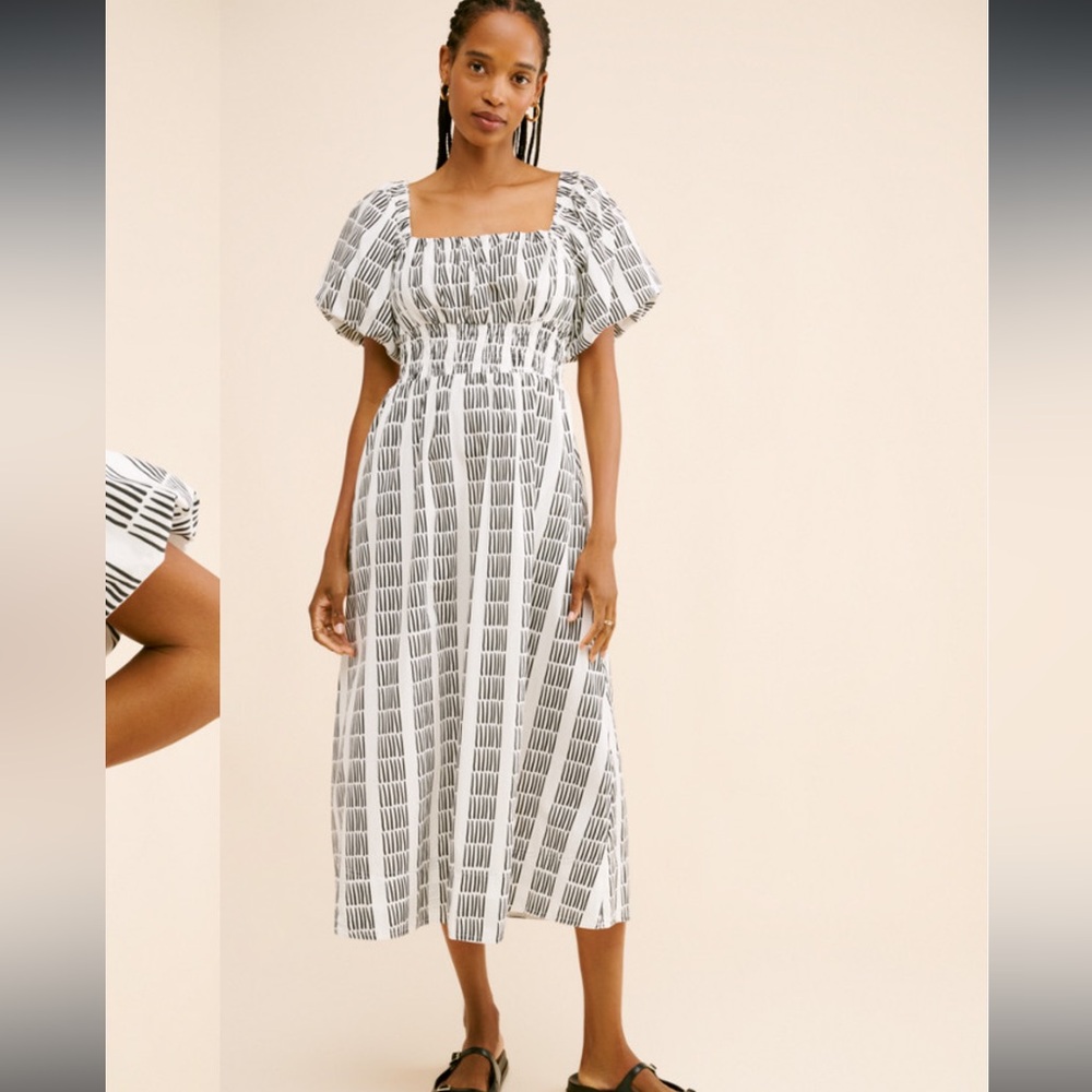 Anthropologie Maeve Puff Sleeve square neck smocked Midi Dress - 100% Cotton - Picture 6 of 14